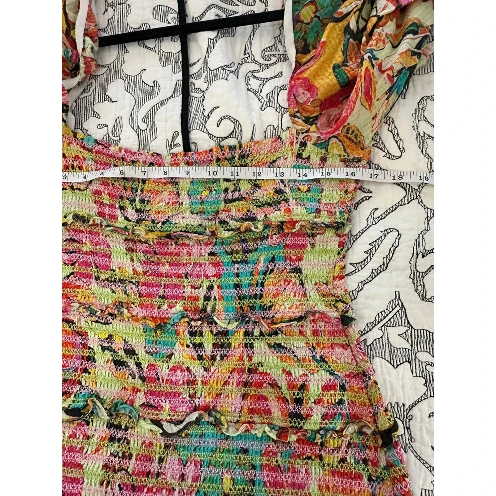 Hemant and Nandita Floral Smocked‎ Midi Dress XL Multicolor Cotton Long Sleeve